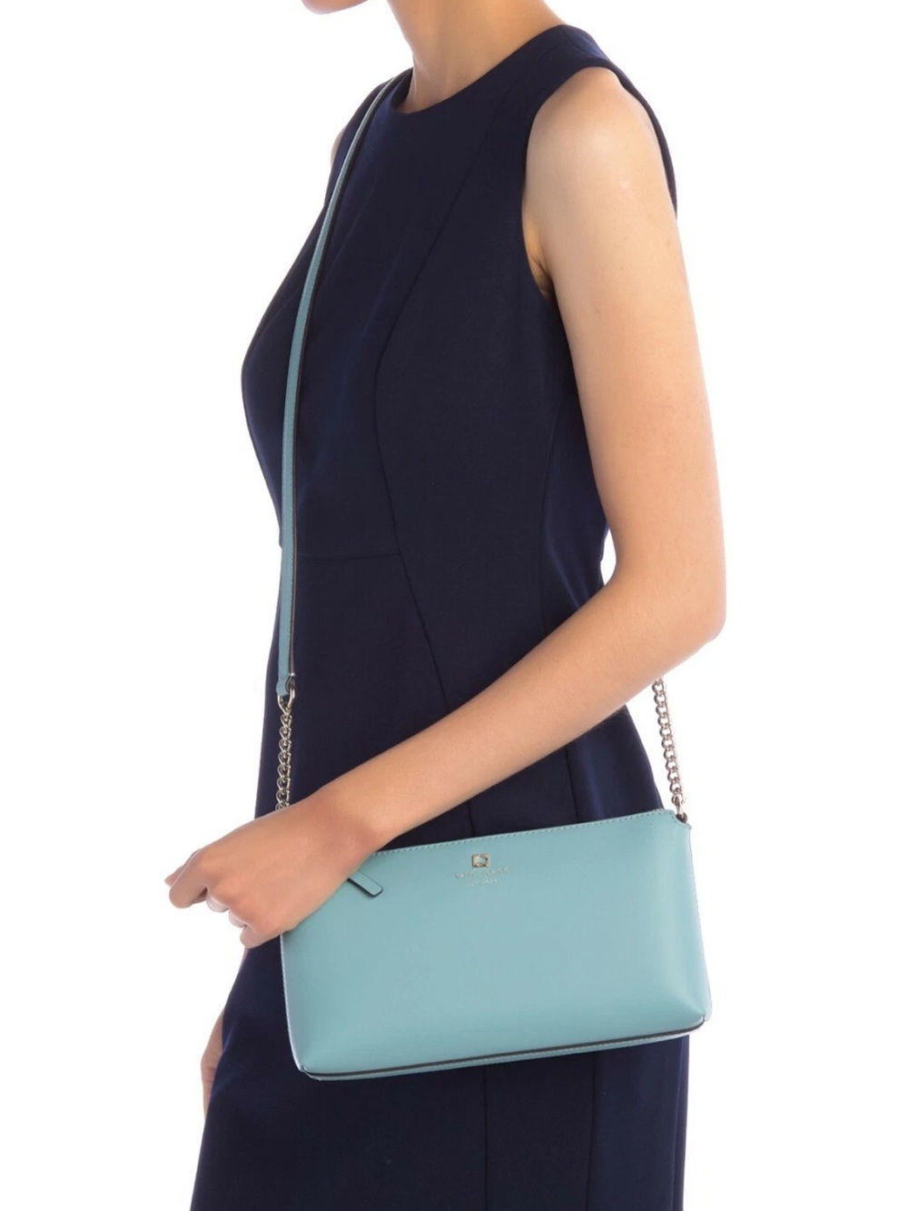 kate spade aqua blue leather crossbody with chain strap